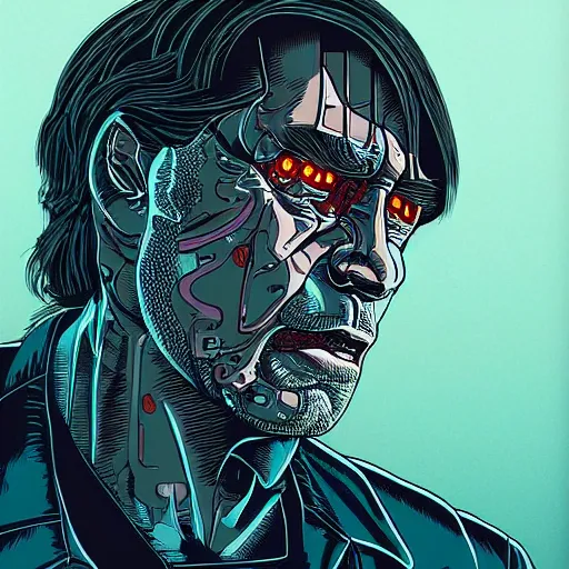 Image similar to close up portrait artwork of man with mullet, half face cyborg. From The Terminator 1984. Artwork by Dan Mumford