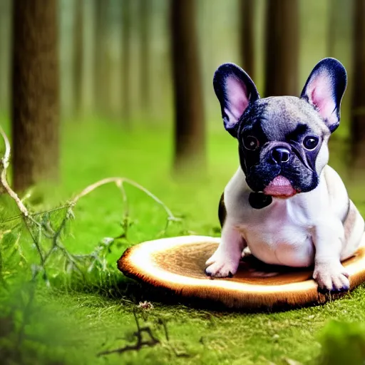 Prompt: french bulldog wearing round goggles sitting on a mushroom in a forest, hyper realistic, HD, HQ, photo realistic