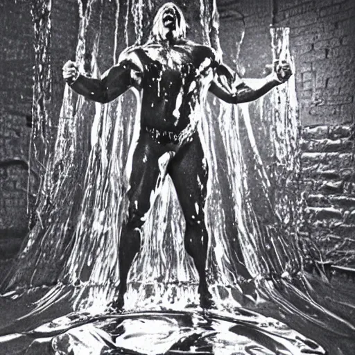 Prompt: 1 9 9 0's wwe publicity photo, a giant muscular man covered in wet reflective slime crawling halfway out of a giant slimy wet cocoon, screaming in agony, inside a secret occult dark evil lab, candles and pentagrams, ultra - detailed, photorealistic