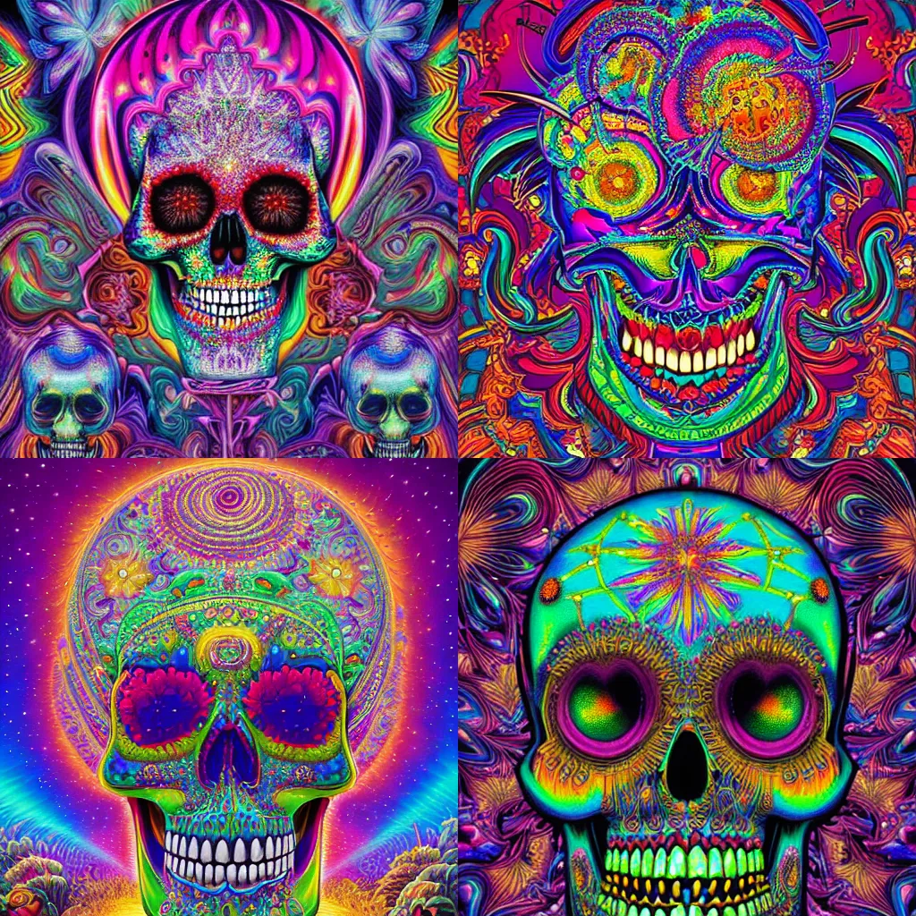 Prompt: beautiful matte painting of psychedelic glittering jewelled skull by dan mumford and alex gray and lisa frank and chris dyer, HDR, vivid color, CGsociety