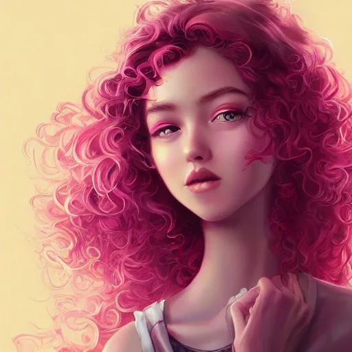 Image similar to teen girl, curly pink hair, gorgeous, amazing, elegant, intricate, highly detailed, digital painting, artstation, concept art, sharp focus, illustration, art by Ross tran