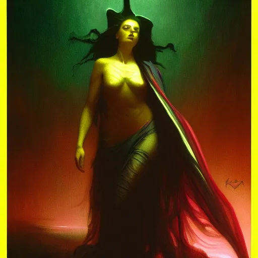 Image similar to concept art painting of beautiful figure the called the moonbow queen black cloak, a rainbow in the dark, colorful, by Michael Whelan, William Adolphe Bouguereau, and Donato Giancola, cyberpunk, artstation, extremely moody lighting, glowing light and shadow, atmospheric, shadowy, cinematic, 8K