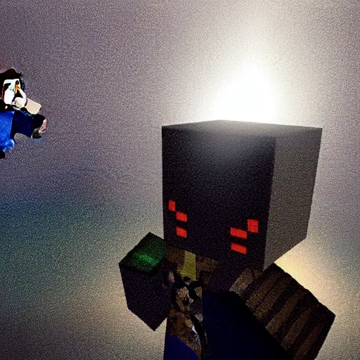 Prompt: Steve from Minecraft, Steve is falling into a terrifying dark abyss, dramatic lighting, dramatic angle