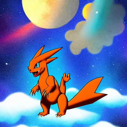 Image similar to charizard from pokemon flying into space and time above the clouds, the stars and galaxies are shining bright, ue 5, award winning, sharp focus, illustration