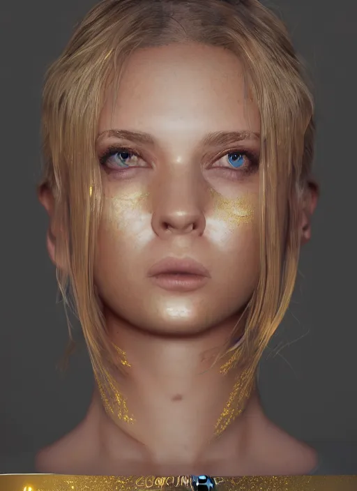 Prompt: glowwave girl portrait, gold detailed, mel from arcane, hyper detailed, 3 / 4 shot, digital art, trending in artstation, cinematic lighting, studio quality, smooth render, unreal engine 5 rendered, octane rendered, art style by klimt and nixeu and ian sprigger and wlop and krenz cushart, none crop, full face