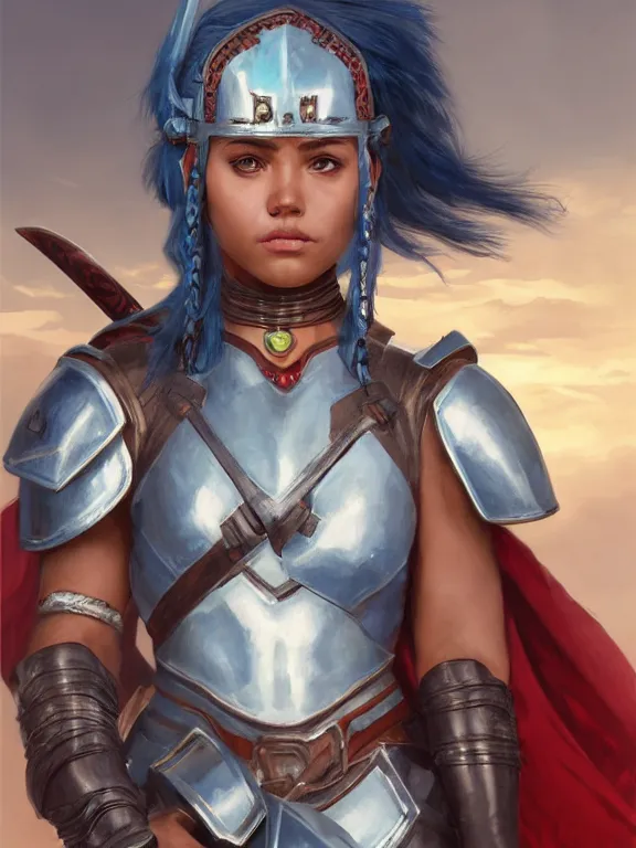 Prompt: frontview portrait of gladiator warrior lady, young, beautiful, dark skin, light blue hair, ponytail, big open green eyes, cute, red heavy armor, axes, posing, coliseum background, love interest, highly detailed, smooth, sharp focus, digital painting, artgerm and greg rutkowski and alphonse mucha