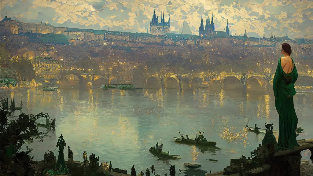 Prompt: a beautiful painting of a view from the river of an arabian prague palace made of green, polished semiprecious malachite marble and jade at night with a sky full of stars, intricate, elegant, highly detailed, digital painting, artstation, concept art, by krenz cushart and artem demura and alphonse mucha