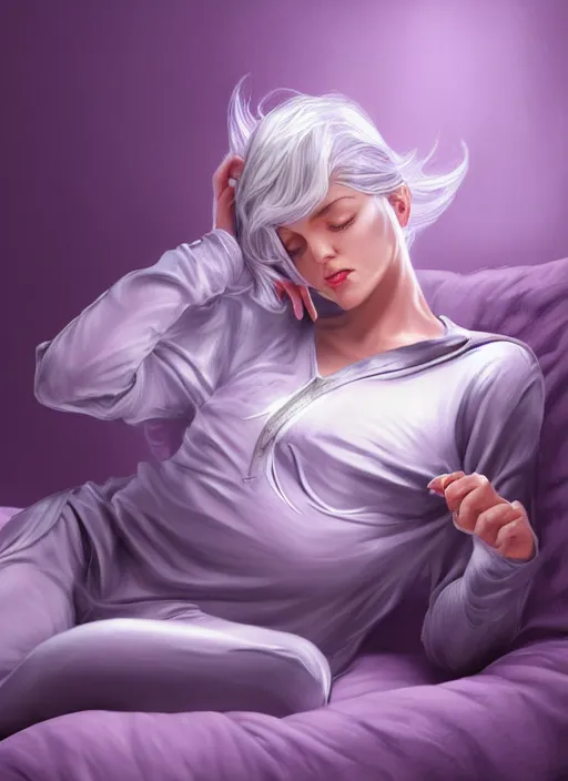 Image similar to a highly detailed illustration of beautiful silver haired woman wearing purple onesie floating on pillow, dramatic floating pose, sleepy expression, intricate, elegant, highly detailed, centered, digital painting, artstation, concept art, smooth, sharp focus, league of legends concept art, wlop