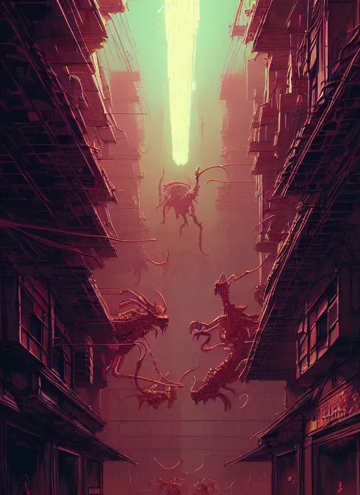 Image similar to masterpiece concept art, neon demons, by greg rutkowski and geof darrow, 8 k, intricate detail, cinematic lighting