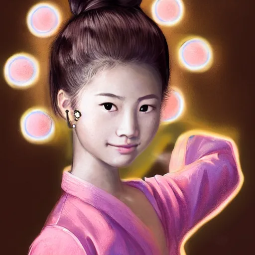 Image similar to portrait of asian girl, round face, brown hair, ponytails, half updo hairstyle, skinny, smile, attractive, small chin, wearing pink hair bow, polkadot blouse and skirt, earrings, intricate, elegant, glowing lights, highly detailed, digital painting, artstation, sharp focus, illustration, art by wlop, mars ravelo and greg rutkowski