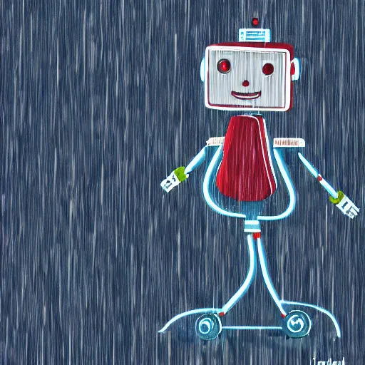 Prompt: robot dancing in the rain, digital art