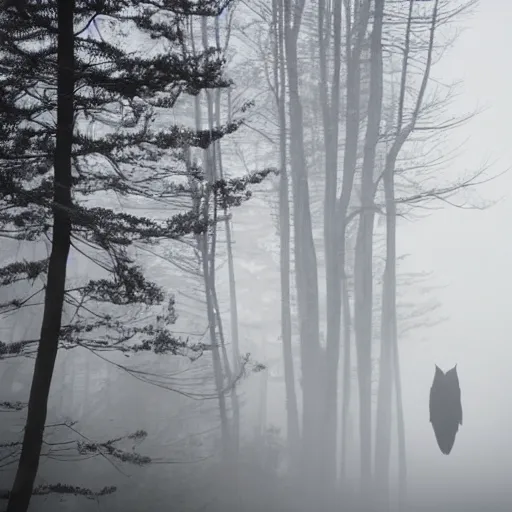 Prompt: huge owl flying at night through fog in the forest lit by the full moon fog moving through feathers