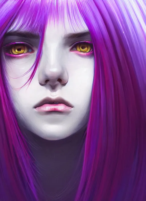 Image similar to hair whitebangs hair, black hair, whitebangs, portrait of teenage girl with white bangs, red irises, purple clothes, white bangs, bangs are different color from hair, intricate, elegant, glowing lights, highly detailed, digital painting, artstation, concept art, smooth, sharp focus, illustration, art by wlop, mars ravelo and greg rutkowski