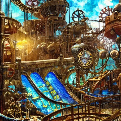 Prompt: mechanical waterpark with intricate clockwork gear structures and metal waterslides painting by brain froud, charles vess, cinematic lighting, epic composition, highly detailed