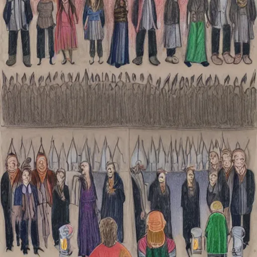 Image similar to coloured pencil drawing of charachters from harry potter looking at each other, trending