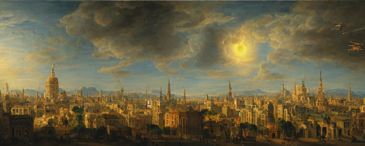 Prompt: A painting of the city of the future with an all-seeing eye in the sky by Johan Zoffany, highly detailed, Neoclassicism, Baroque, Classicism