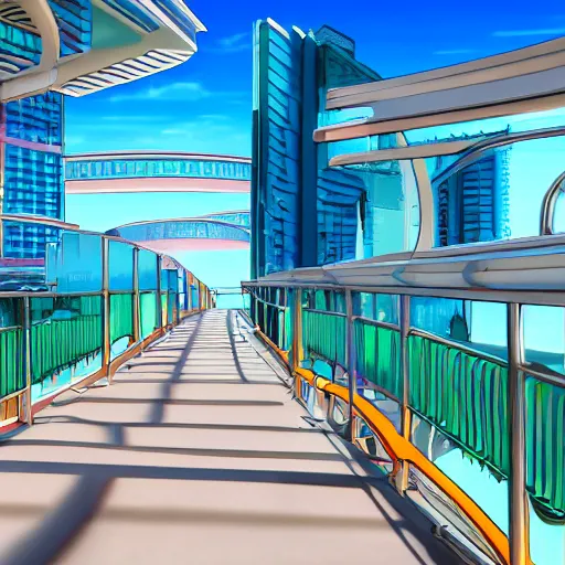 Prompt: oceanfront walkway, futuristic city, colorful city, curved railing, long railing, shining sea, cel - shading, 2 0 0 1 anime, cel - shaded, bright sunshine, jet set radio, mirror's edge, raytracing, toon - shading, strong shadows