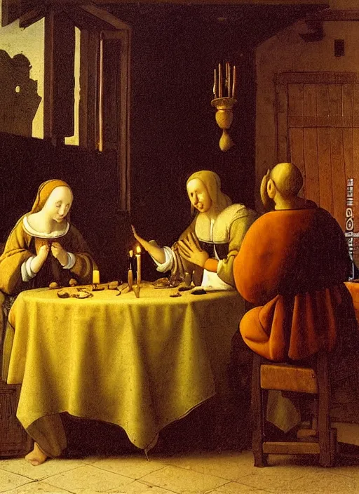 Image similar to a candlelit table at the inn, two people sitting at the table, swirling smoke, dark smoke, realistic, in the style of leonardo da vinci, dutch golden age, amsterdam, medieval painting by jan van eyck, johannes vermeer, florence