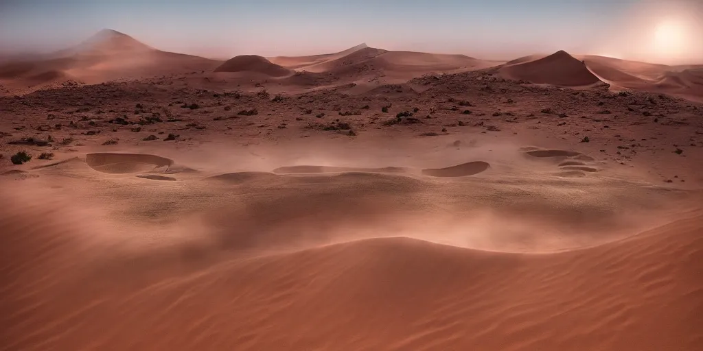 Prompt: a great photograph of the most amazing golf hole in the world, in the sahara desert, ambient light, golf digest, top 1 0 0, fog