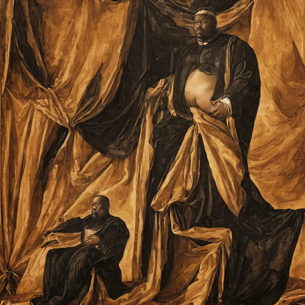 Image similar to Large black man sitting on throne wrapped in silk, background made of large folding curtains, dimly lit, dark, renaissance painting, style of carrivagio