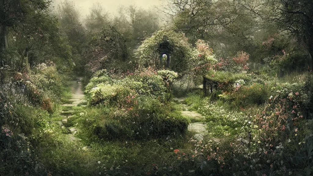 Image similar to the secret garden is overgrown with weeds and growth. no snow. andreas achenbach, artgerm, mikko lagerstedt, zack snyder, tokujin yoshioka