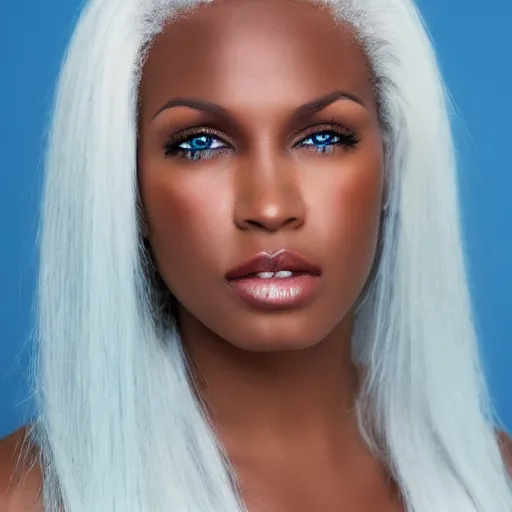 Image similar to photo of a stunning black woman with pure white hair and blue eyes