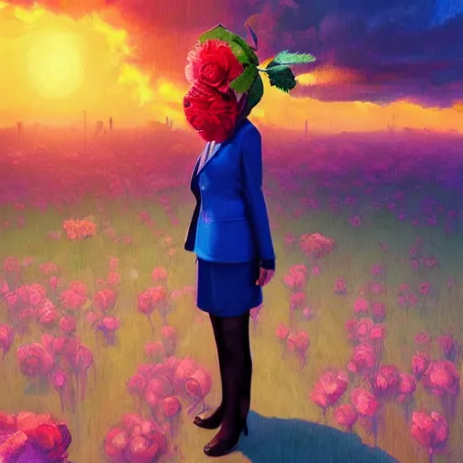 Image similar to closeup, giant rose flower over head, frontal, girl in a suit, surreal photography, sunrise, blue sky, dramatic light, impressionist painting, digital painting, artstation, simon stalenhag