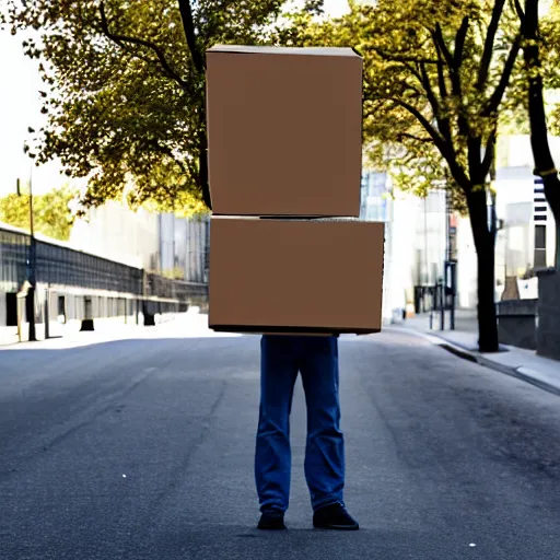 Image similar to cardboard box head guy walking in an empty street