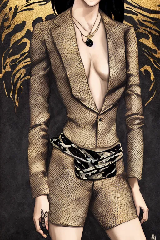 Image similar to yakuza slim girl, gold suit jacket in snake print, jacket over bare torso, yakuza tattoo Irezumi on body, black short curtain haircut, black leather pants with black belt, portrait, beautiful face, elegant, 2d, ultra highly detailed, digital painting, smooth, sharp focus, artstation, art by Ilya Kuvshinov, rossdraws