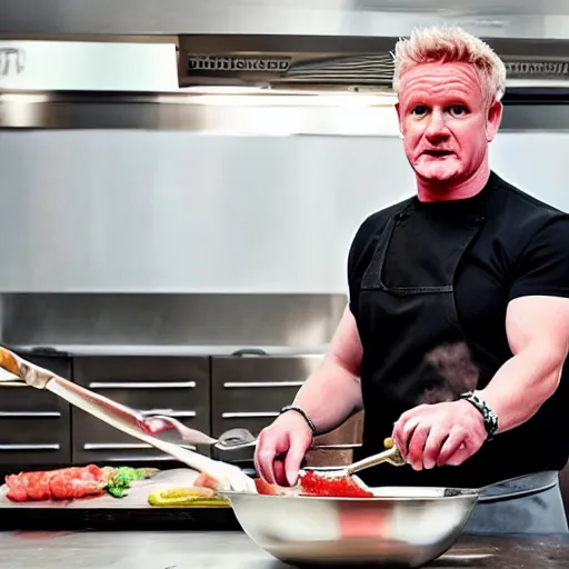 Image similar to hyper real Gordon Ramsey cooking a unicorn in kitchen 4k