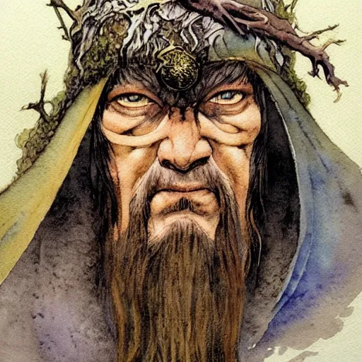 Image similar to a realistic and atmospheric watercolour fantasy character concept art portrait of urho kekkonen kekkonen kekkonen kekkonen kekkonen kekkonen as a druidic warrior wizard looking at the camera with an intelligent gaze by rebecca guay, michael kaluta, charles vess and jean moebius giraud