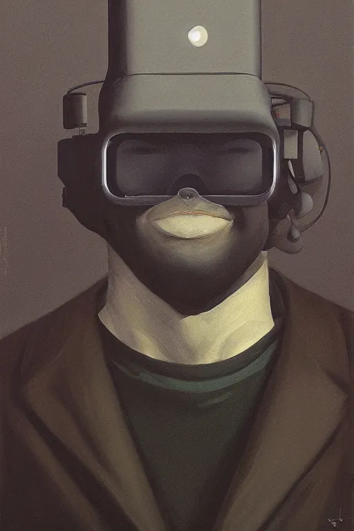 Image similar to satoshi nakamoto wearing oculus and bitcoin over his head edward hopper and james gilleard, zdzislaw beksisnski, higly detailed