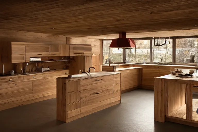 Prompt: a kitchen with kitchenisle by peter vetsch, organic design, wood msterials, natural materials, photography, promotional photoshoot, zeiss lens, design, studio lighting, 8 k, high detail