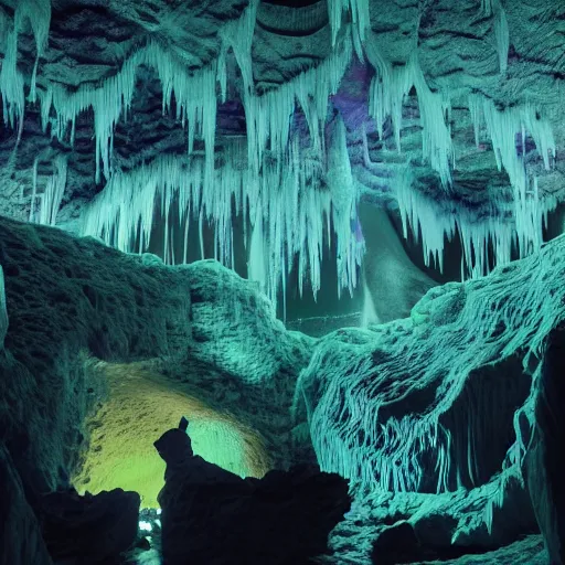 Prompt: neon glowing holographic cave with a ton of large stalagtites and stalagmites photorealistic 1 9 8 2 filmic with a barbarian wearing a pair of furry boots in the middle of the cave