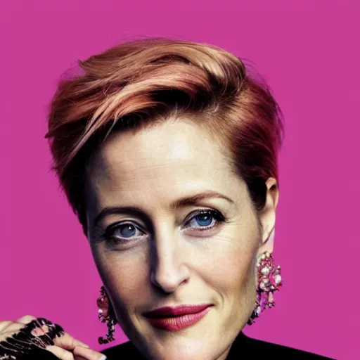 Prompt: photo of a gorgeous 50-year-old Gillian Anderson with pink pixie cut hairstyle by Mario Testino, detailed, head shot, award winning, Sony a7R -