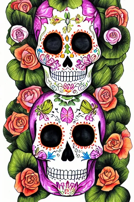 Prompt: Illustration of a sugar skull day of the dead girl, art by Maria Sibylla Merian