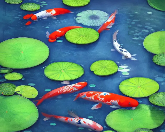 Prompt: Digital painting of koi pond, lotus flowers, dark blue water, green lily pads, goldfish, a fantasy digital painting by makoto shinkai and Alena Aenami, trending on artstation,