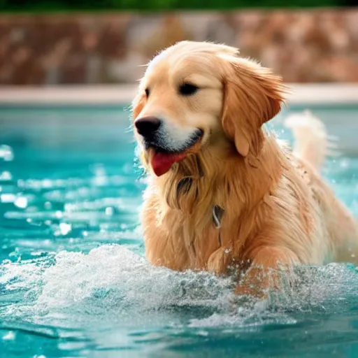 Prompt: golden retriever, playing in the pool, realistic