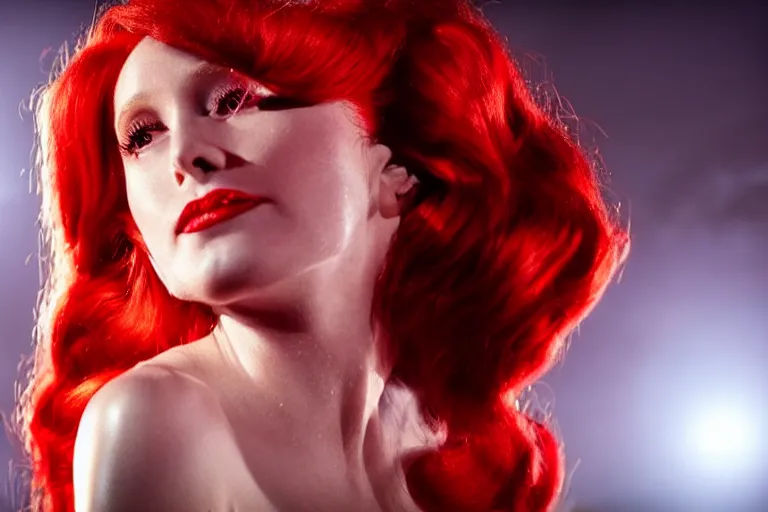 Image similar to movie scene portrait closeup, red hair, red sequin dress, real life jessica rabbit singing beautifully on stage, stage lighting by emmanuel lubezki