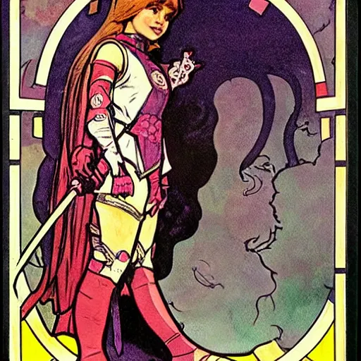 Image similar to a little girl with a mischievous face and short wavy curly brown hair. she is dressed as a knight. well composed, clean elegant painting, beautiful detailed face. comic book art by steve ditko and jack kirby and alphonse mucha