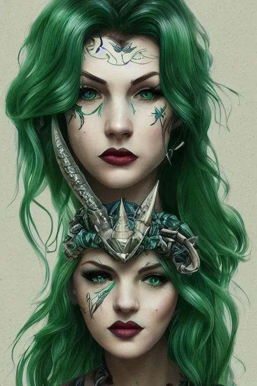 Prompt: green hair tattooed pinup hannah murray, rogue bard, feathers, baldurs gate, diablo, dnd, hulking, herculean, deep focus, turnaround, fantasy, intricate, elegant, highly detailed, digital painting, artstation, concept art, matte, sharp focus, illustration, hearthstone, art by artgerm and greg rutkowski and alphonse mucha.