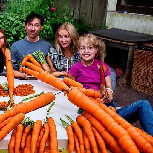 Prompt: family of humanoid carrot cannibals sit at a table with a single carrot at the center, photograph