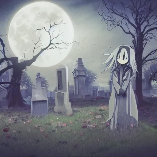 Image similar to anime hd, anime, 2 0 1 9 anime, ghost children, children born as ghosts, london cemetery, albion, london architecture, buildings, gloomy lighting, moon in the sky, gravestones, creepy smiles