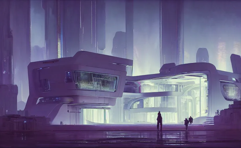 Prompt: painting of a wide angle exterior shot of a white modern futuristic cyberpunk architecture with neon lights in the middle of an english garden with cinematic lighting by peter zumthor and renzo piano, darek zabrocki and greg ruthkowski, alphonse mucha, simon stalenhag and cinematic and blue cold atmospheric, archillect concept art, artstation, trending on artstation