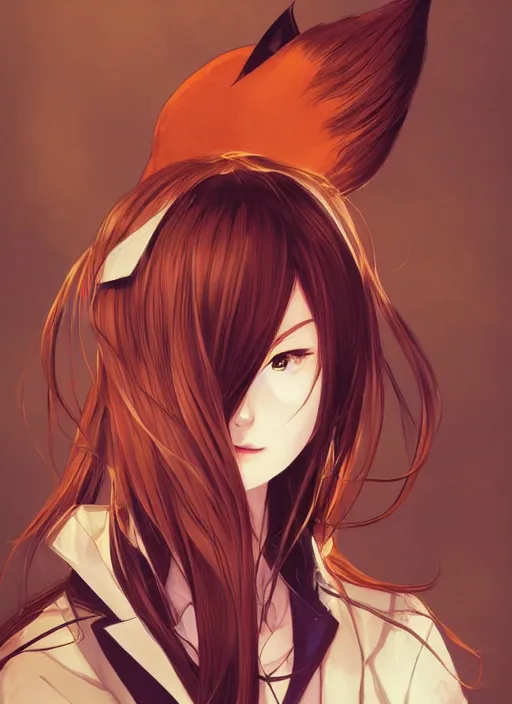 Image similar to portrait illustration by shigenori soejima, beautiful girl, fox ears, focus on face, pretty, cinematic lighting, painterly, long wavy orange hair, light brown trenchcoat