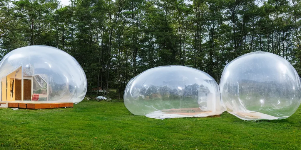 Image similar to an inflatable house made of clear plastic sheeting. The house is made of 8 inflated bubbles. The inflated house sits in a lake on the edge of a forest. ultra wide shot, coronarender, 8k, photorealistic