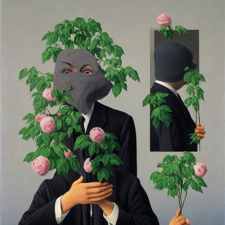 Image similar to portrait of man in a suit with flowers hiding his face by rene magritte, detailed painting, hd, hq, high resolution, high detail, 4 k, 8 k