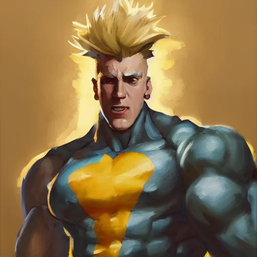 Image similar to greg manchess portrait painting of guile from street fighter as overwatch character, medium shot, asymmetrical, profile picture, organic painting, sunny day, matte painting, bold shapes, hard edges, street art, trending on artstation, by huang guangjian and gil elvgren and ross tran