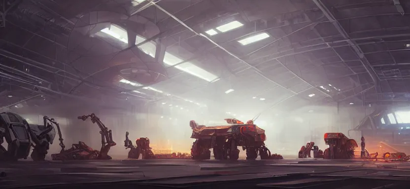 Image similar to Futuristic mecha hangar with workers and machinery, light effect, by Greg Rutkowski and Andreas Rocha on artstation, high-definition picture, Matte painting, mechanical, Unreal Engine, hard surface, 4k