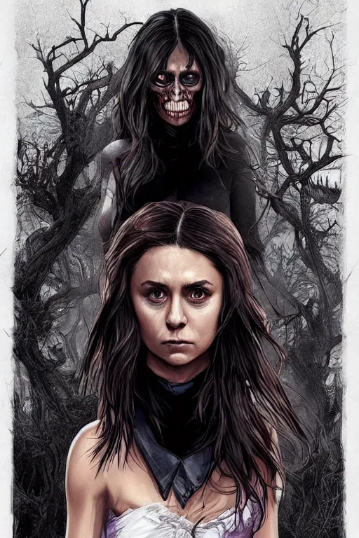 Image similar to nina dobrev in sleepy hollow, full body, big two toned eyes, teeth gritted, horror, intricate details, cinematic, epic, realistic, anatomy, tomer hanuka, uplight, artstation, photorealistic, scary